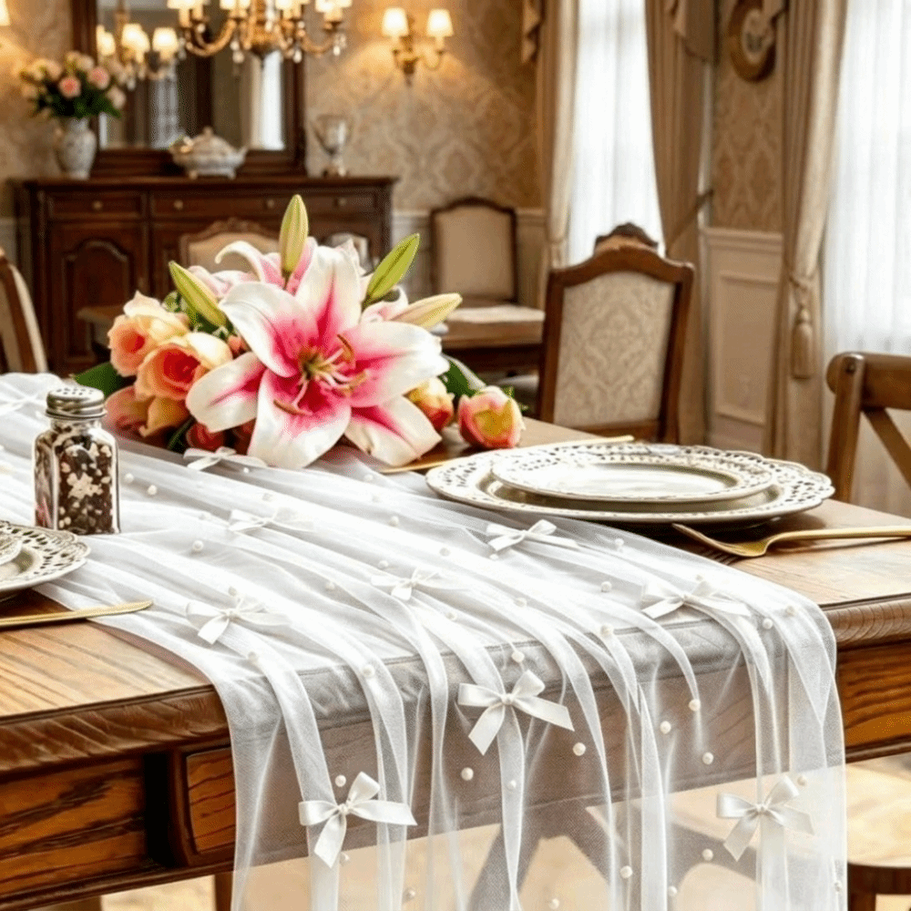 Romantic Bow Pearl Chiffon Run - Christmas Table Runner review and price